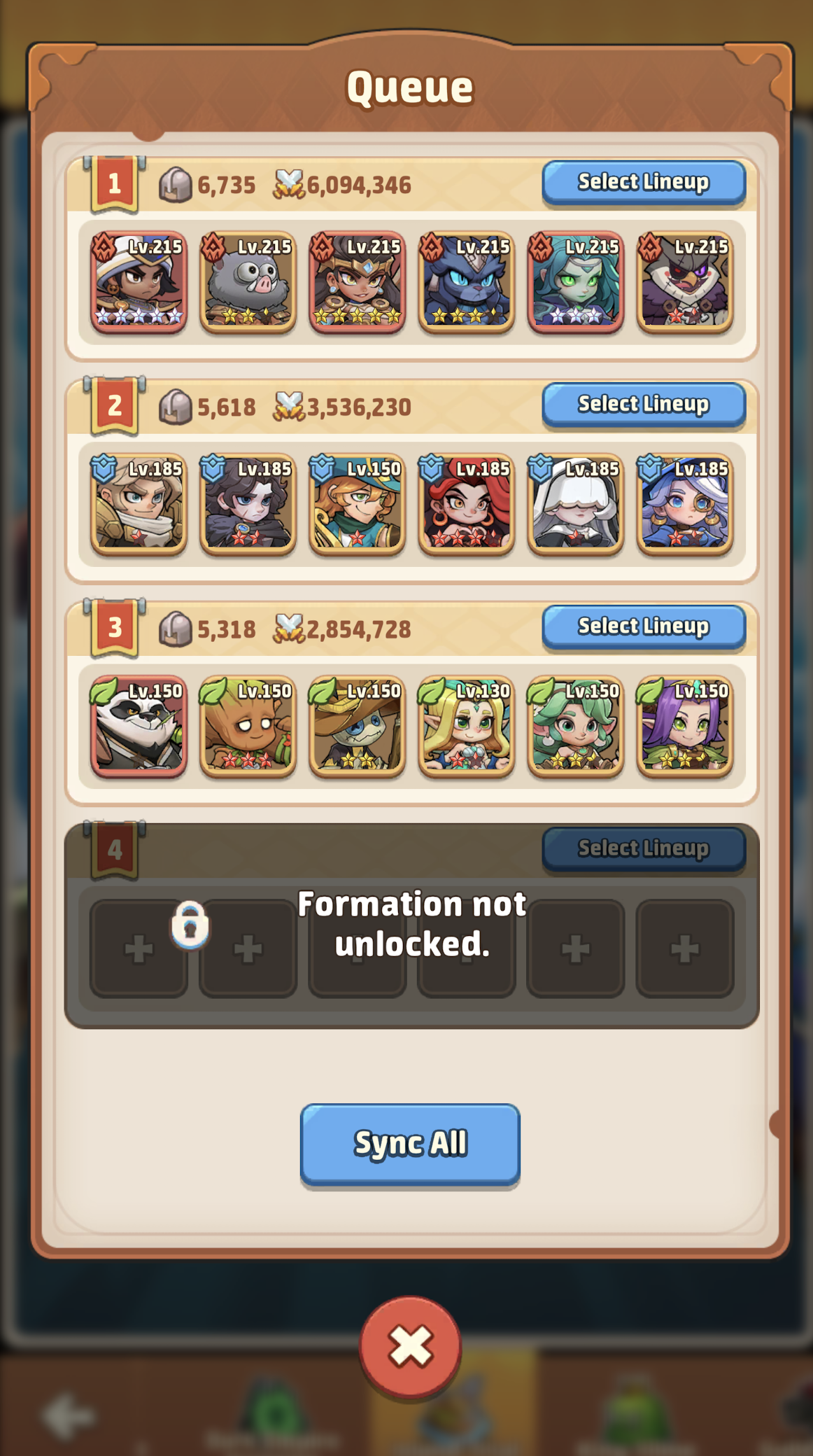 Queue screen with 3 formations